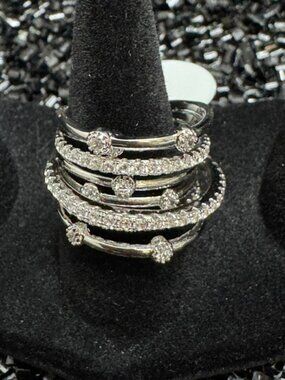 18K White Gold Filled AAA CZ Statement Ring Size 6 NWT Multi-Band Design